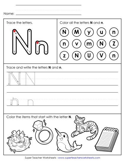 Letter N: Mixed Skills - Tracing, Writing, and Recognizing Letter N (Printable PDF Worksheet)