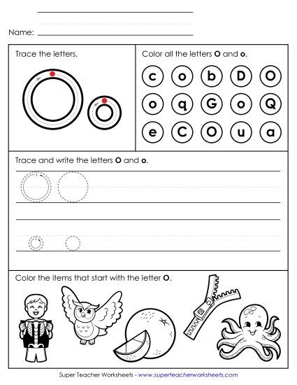 Letter O: Mixed Skills - Tracing, Writing, and Recognizing Letter O (Printable PDF Worksheet)