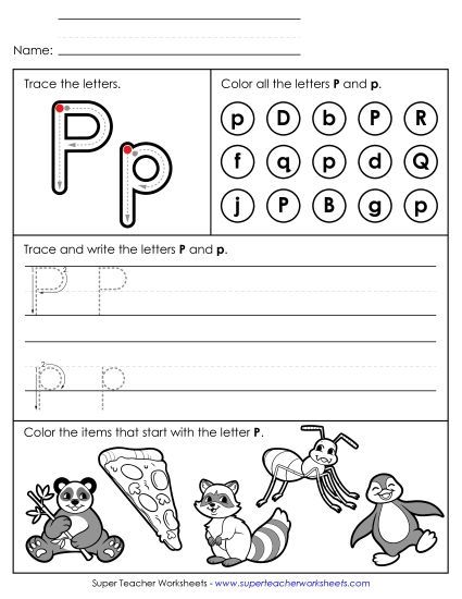 Letter P: Mixed Skills - Tracing, Writing, and Recognizing Letter P (Printable PDF Worksheet)