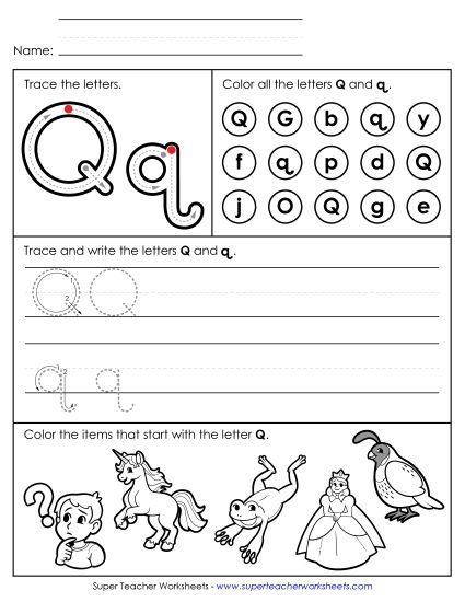 Letter Q: Mixed Skills - Tracing, Writing, and Recognizing Letter Q (Printable PDF Worksheet)