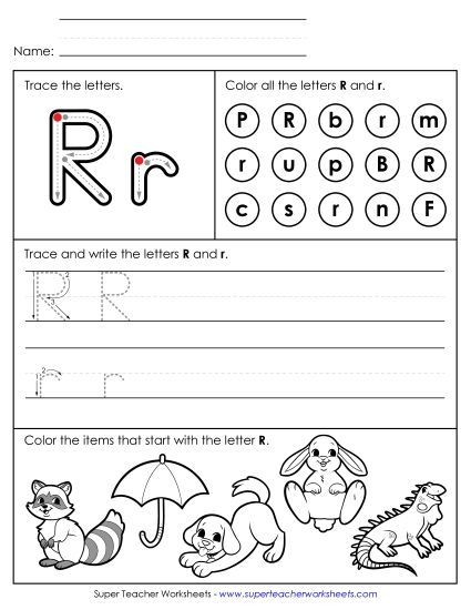 Letter R: Mixed Skills - Tracing, Writing, and Recognizing Letter R (Printable PDF Worksheet)