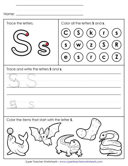 Letter S: Mixed Skills - Tracing, Writing, and Recognizing Letter S (Printable PDF Worksheet)