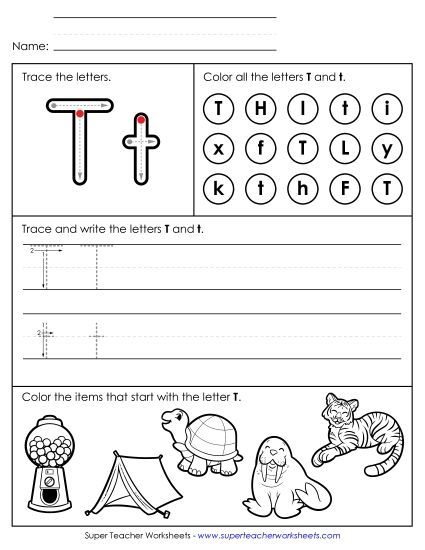 Letter T: Mixed Skills - Tracing, Writing, and Recognizing Letter T (Printable PDF Worksheet)