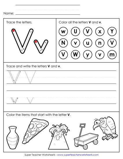 Letter V: Mixed Skills - Tracing, Writing, and Recognizing Letter V (Printable PDF Worksheet)