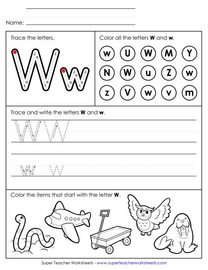 Letter W: Mixed Skills - Tracing, Writing, and Recognizing Letter W (Printable PDF Worksheet)