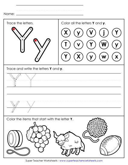 Letter Y: Mixed Skills - Tracing, Writing, and Recognizing Letter Y (Printable PDF Worksheet)