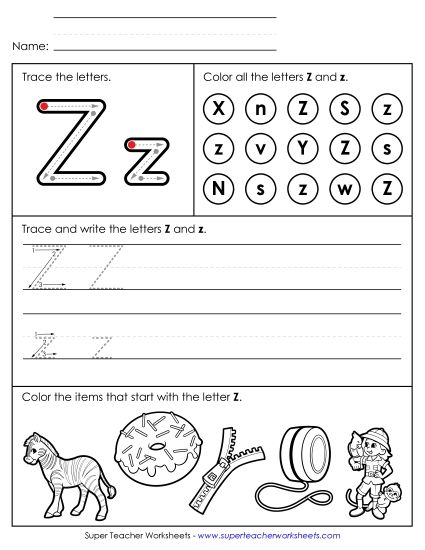 Letter Z: Mixed Skills - Tracing, Writing, and Recognizing Letter Z (Printable PDF Worksheet)
