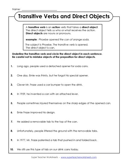 Transitive Verbs and Direct Objects (Printable PDF Worksheet)