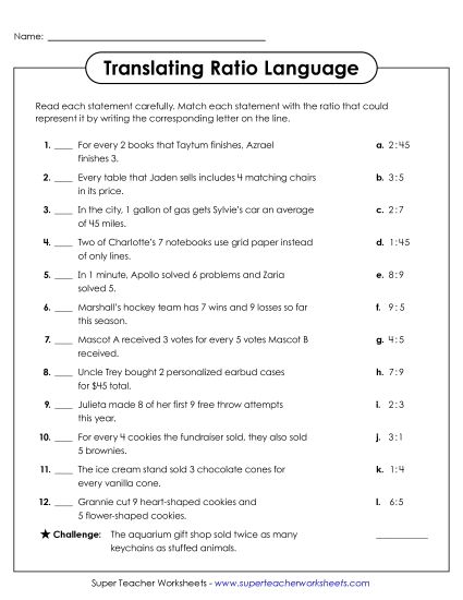 Intermediate Ratio Worksheets - Translating Ratio Language (Matching) (Printable PDF Worksheet)