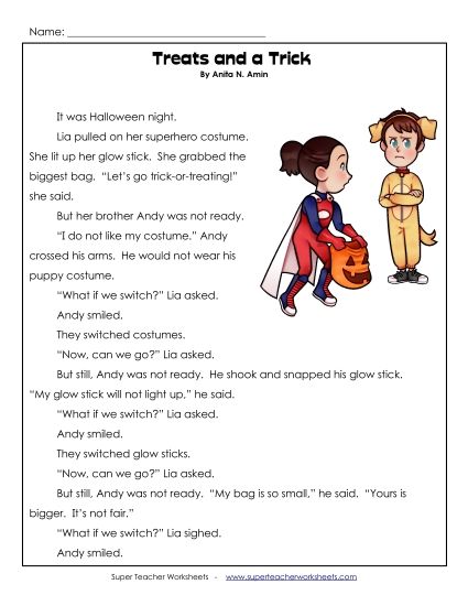 Reading Comprehension Fiction - Treats and a Trick Fiction (Printable PDF Worksheet)