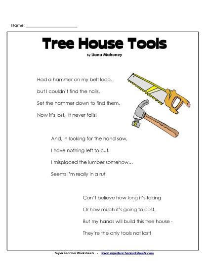 Poems - Tree House Tools (Poem) (Printable PDF Worksheet)