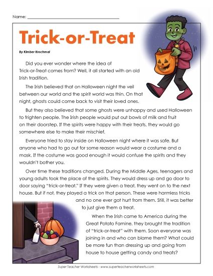 Reading Comprehension Non-Fiction - Trick-or-Treat  (Printable PDF Worksheet)