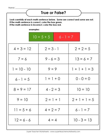 Basic Facts - True or False? (Printable PDF Worksheet)