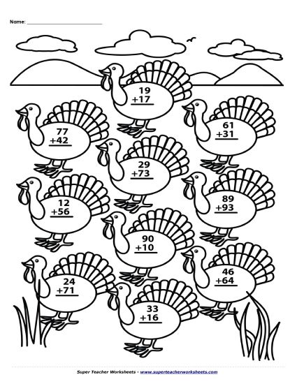 Thanksgiving Addition - Turkey Addition (Regrouping) (Printable PDF Worksheet)