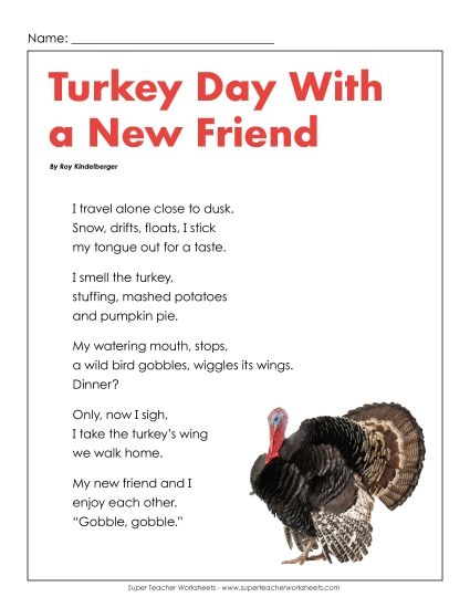 Thanksgiving Reading Comprehension - Turkey Day Friend (Poem) (Printable PDF Worksheet)