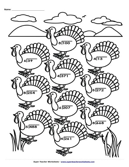 Thanksgiving Division - Turkey Division - 1 and 2-digit Quotients (Printable PDF Worksheet)