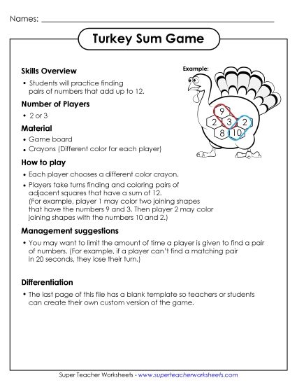 Thanksgiving Addition - Turkey Sum Game (Printable PDF Worksheet)