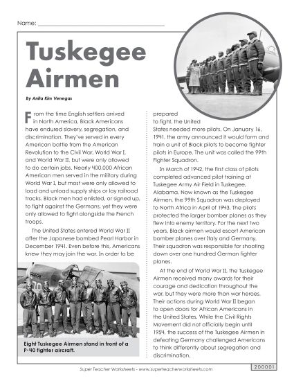 Nonfiction Social Studies Articles - Tuskegee Airmen World War II Article (Printable PDF Worksheet)