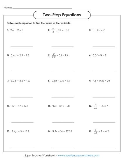 Advanced Level: Decimals, Exponents, & Parenthesis - Two-Step Equations Worksheet 1 (Advanced) (Printable PDF Worksheet)