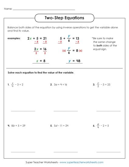 Level: Basic Positive Whole Numbers - Two-Step Equations Worksheet 1 (Basic) (Printable PDF Worksheet)