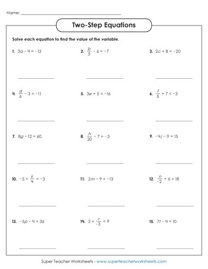 Intermediate Level: Positive & Negative Integers - Two-Step Equations Worksheet 1 (Intermediate) (Printable PDF Worksheet)