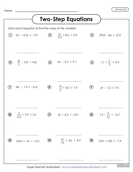 Advanced Level: Decimals, Exponents, & Parenthesis - Two-Step Equations Worksheet 2 (Advanced) (Printable PDF Worksheet)