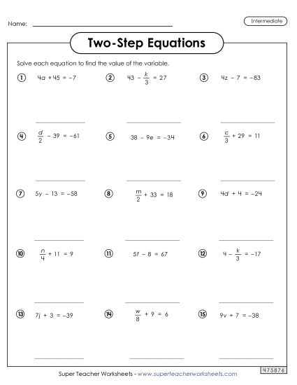 Intermediate Level: Positive & Negative Integers - Two-Step Equations Worksheet 2 (Intermediate) (Printable PDF Worksheet)