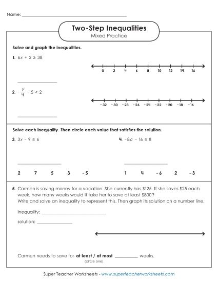 Basic Level - Two-Step Inequalities - Mixed Practice (Printable PDF Worksheet)