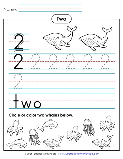 Number Two - Two: Trace, Print, Count (Printable PDF Worksheet)