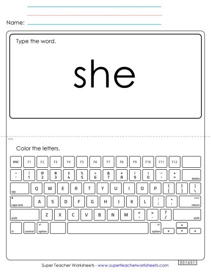 Type the Word: She (Printable PDF Worksheet)