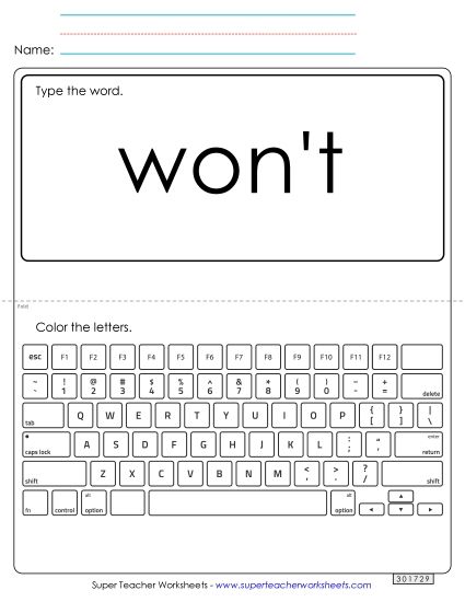 Type the Word: Won't (Printable PDF Worksheet)
