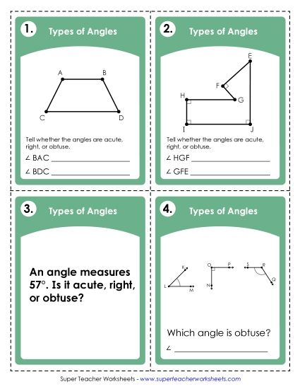 Angle Types: Acute, Obtuse, Right - Types of Angles: Task Cards (Printable PDF Worksheet)
