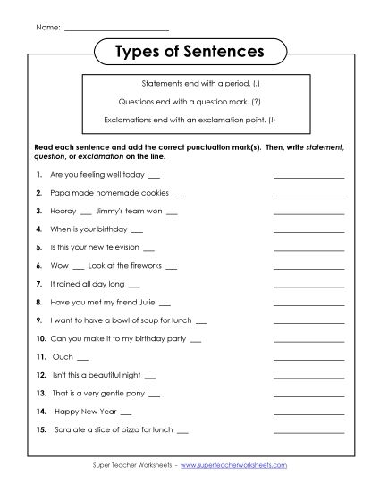 Periods, Question Marks, Exclamation Points - Types of Sentences (Printable PDF Worksheet)