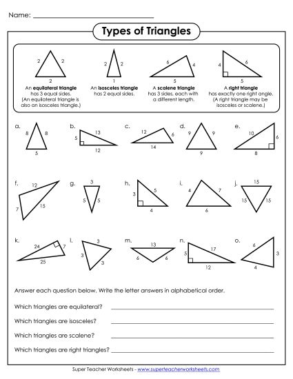 Classifying by Side Lengths: Equilateral, Scalene, Isosceles - Types of Triangles (Printable PDF Worksheet)