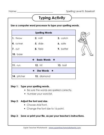 Flashcards - Typing Activity (B-Baseball)  (Printable PDF Worksheet)