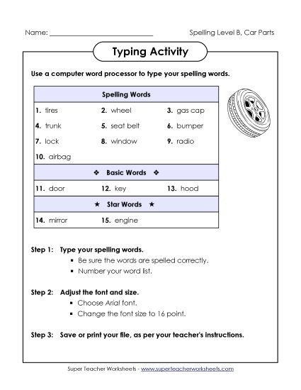 Worksheets and Activities - Typing Activity (B-Car Parts)  (Printable PDF Worksheet)