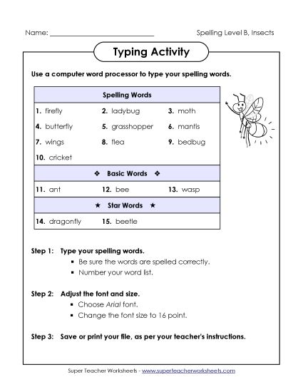 Worksheets and Activities - Typing Activity (B-Insect Words) (Printable PDF Worksheet)