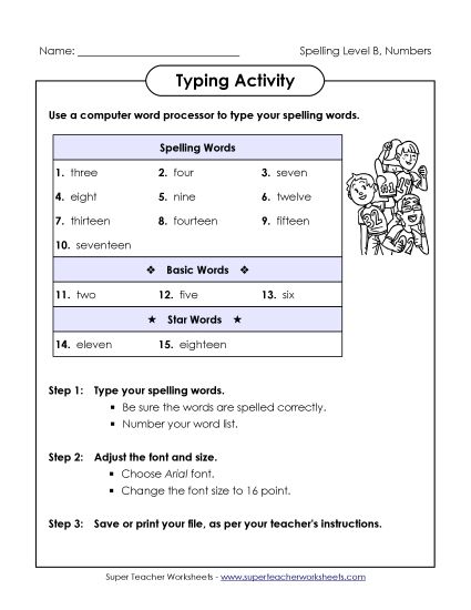 Worksheets and Activities - Typing Activity (B-Number Words)  (Printable PDF Worksheet)