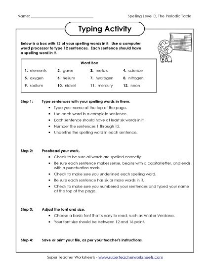 Worksheets and Activities  - Typing Activity (D-The Periodic Table) (Printable PDF Worksheet)