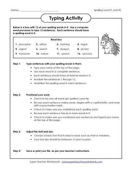 Worksheets - Typing Sentences Activity (D-20) (Printable PDF Worksheet)