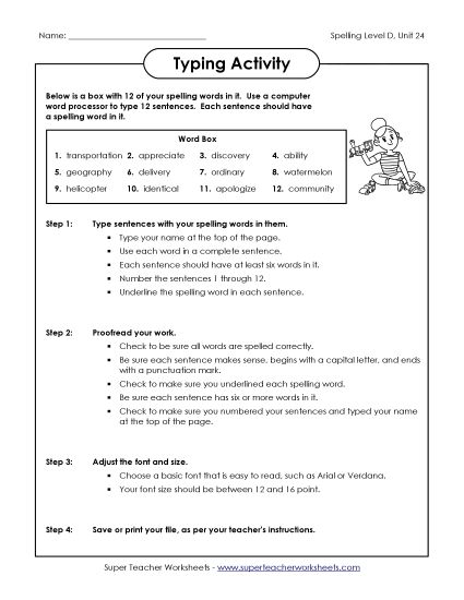 Worksheets - Typing Sentences Activity (D-24) (Printable PDF Worksheet)