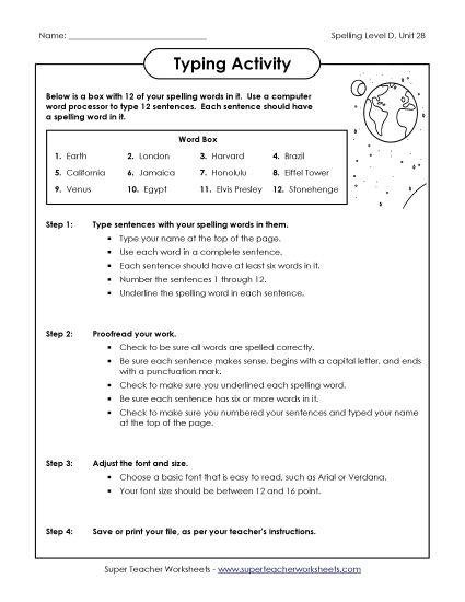 Worksheets - Typing Sentences Activity (D-28) (Printable PDF Worksheet)