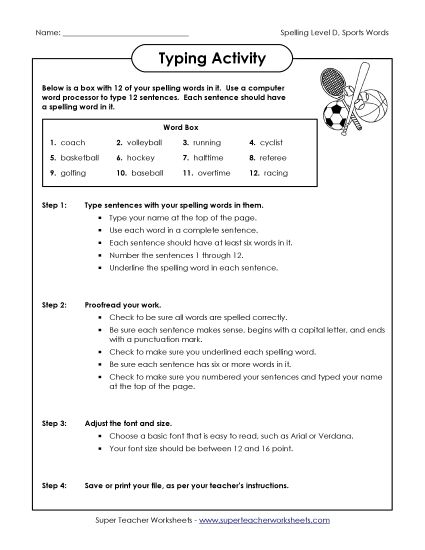 Worksheets and Activities - Typing Sentences Activity (D-Sports) (Printable PDF Worksheet)