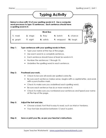 Worksheets - Typing Sentences (C-1)  (Printable PDF Worksheet)