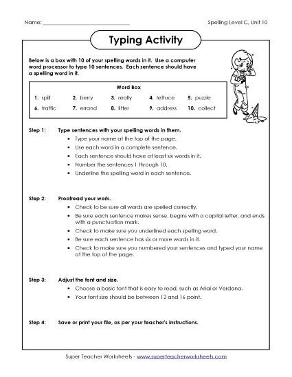 Worksheets - Typing Sentences (C-10) (Printable PDF Worksheet)