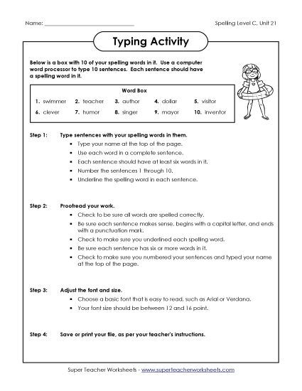 Worksheets - Typing Sentences (C-21)  (Printable PDF Worksheet)