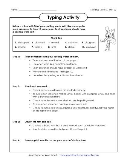 Worksheets - Typing Sentences (C-22)  (Printable PDF Worksheet)