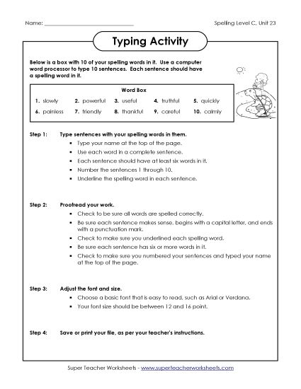 Worksheets - Typing Sentences (C-23)  (Printable PDF Worksheet)