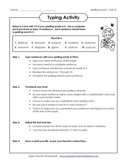 Worksheets - Typing Sentences (C-25)  (Printable PDF Worksheet)