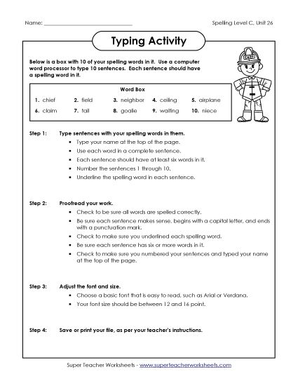 Worksheets - Typing Sentences (C-26)  (Printable PDF Worksheet)